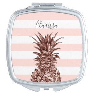 Elegant pretty rose gold pineapple & pink stripe compact mirror
