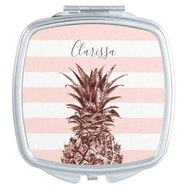 Elegant pretty rose gold pineapple & pink stripe compact mirror (Front)
