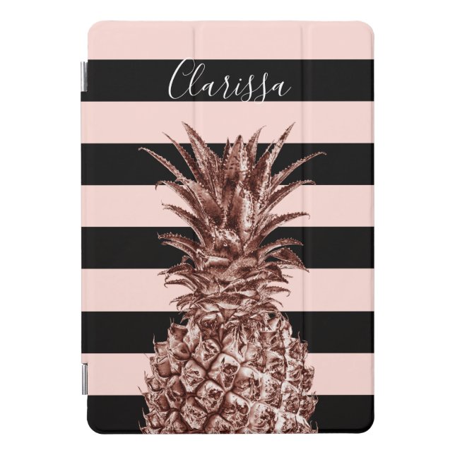 Elegant pretty rose gold pineapple & pink stripe iPad pro cover (Front)
