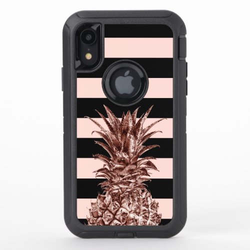 Elegant pretty rose gold pineapple  pink stripe OtterBox defender iPhone XR case