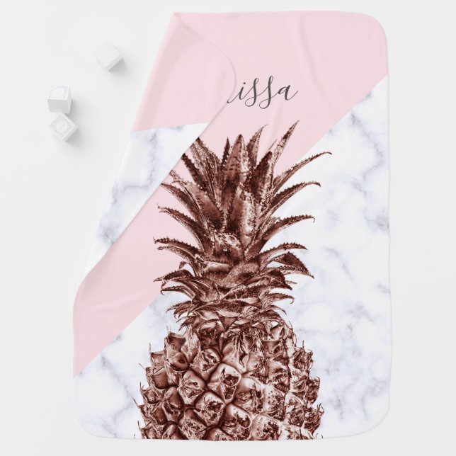 Elegant pretty rose gold pineapple white marble baby blanket (In Situ)