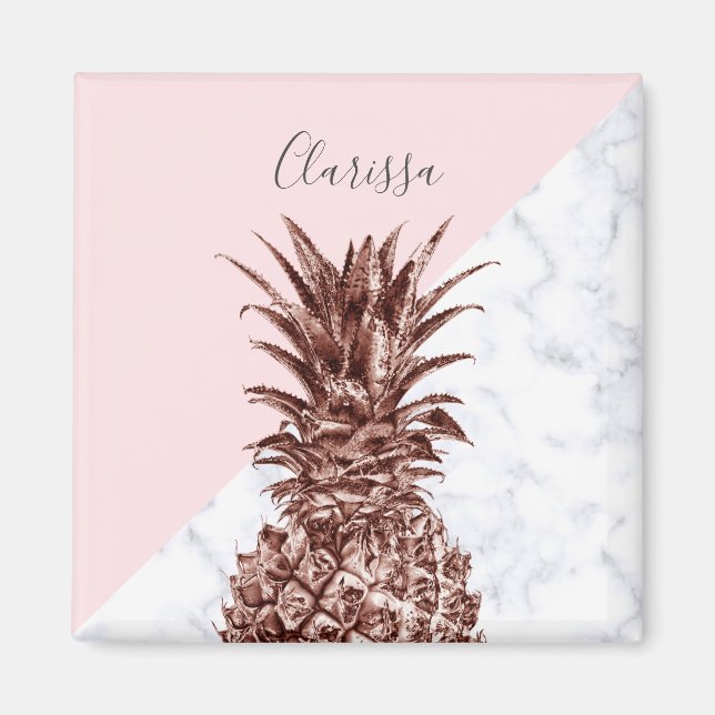 Elegant pretty rose gold pineapple white marble magnet (Front)