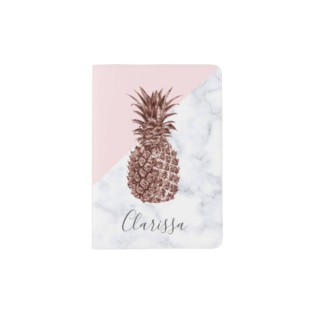 Elegant pretty rose gold pineapple white marble passport holder (Front)