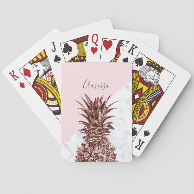 Elegant pretty rose gold pineapple white marble poker cards (Back)
