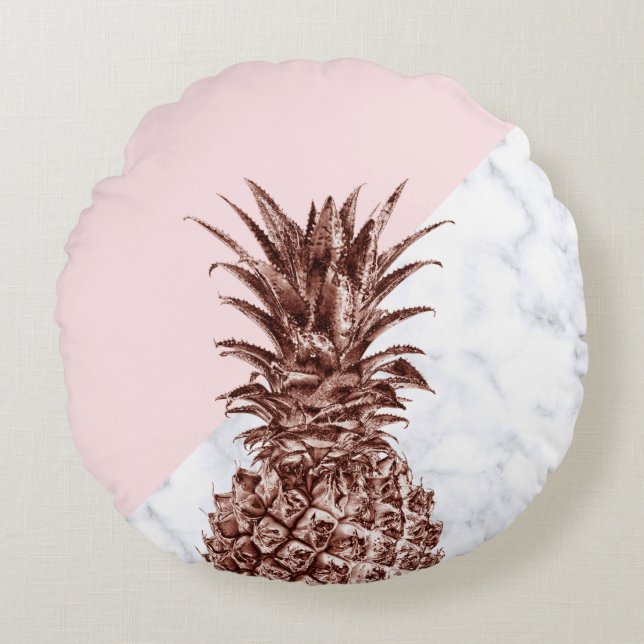 Elegant pretty rose gold pineapple white marble round pillow (Front)