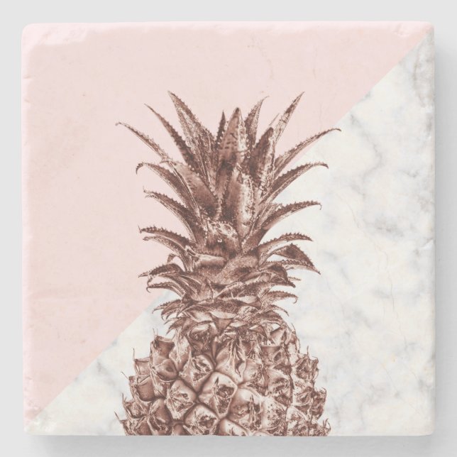 Elegant pretty rose gold pineapple white marble stone coaster (Front)