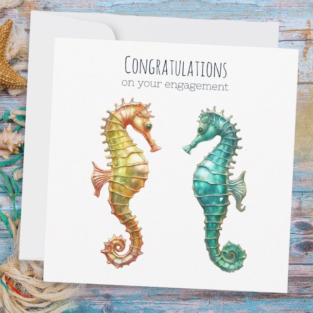 Elegant Pretty Seahorses Engaged Couple Engagement Card (An engagement card with a picture of two sea horses, one yellow and one turquoise)