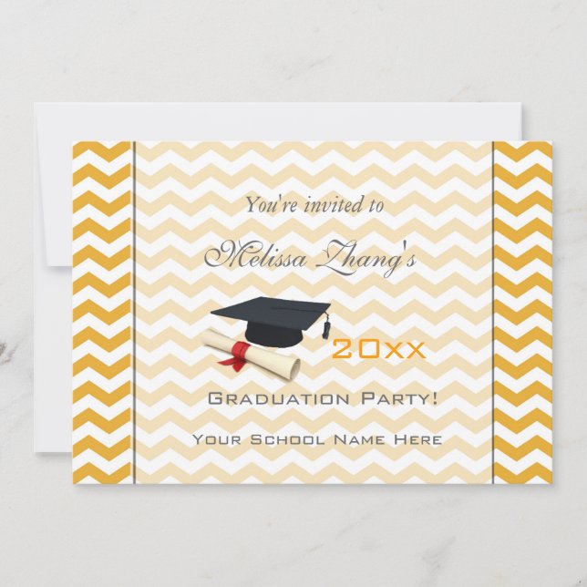 Elegant, pretty summer yellow chevron graduation invitation (Front)