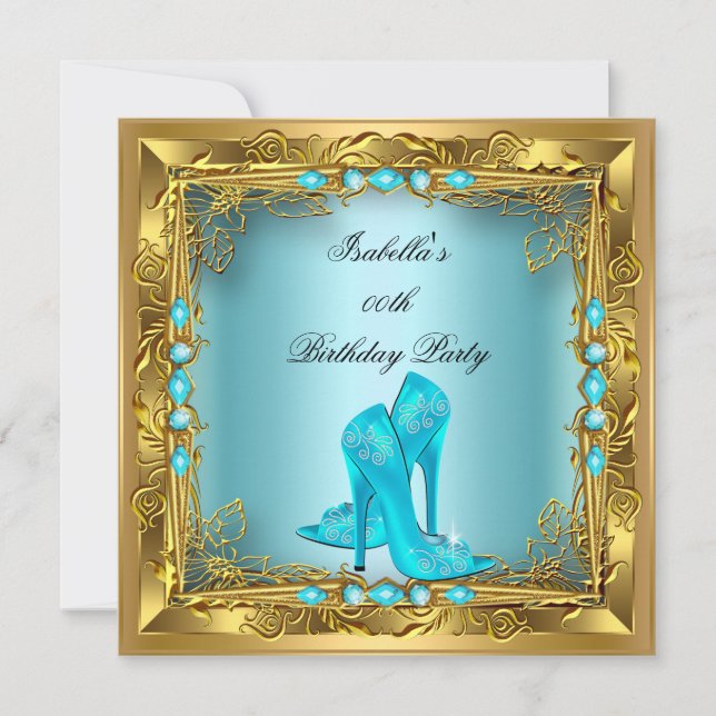 Elegant Pretty Teal High Heels Gold Birthday Party Invitation (Front)
