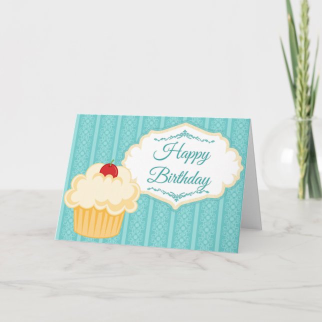 Elegant Pretty Vanilla Cupcake Happy Birthday Card (Front)