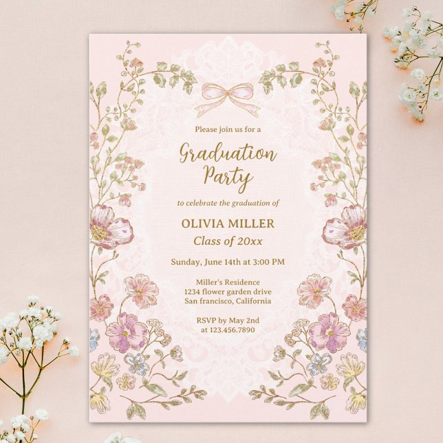 Elegant Pretty Vintage Floral Graduation Party Invitation (Creator Uploaded)