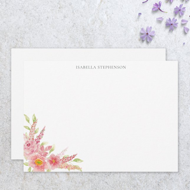 Elegant Pretty Watercolor Pink Floral Personalized Note Card (Creator Uploaded)