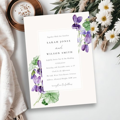 Elegant Pretty Watercolor Violet Floral Wedding Invitation