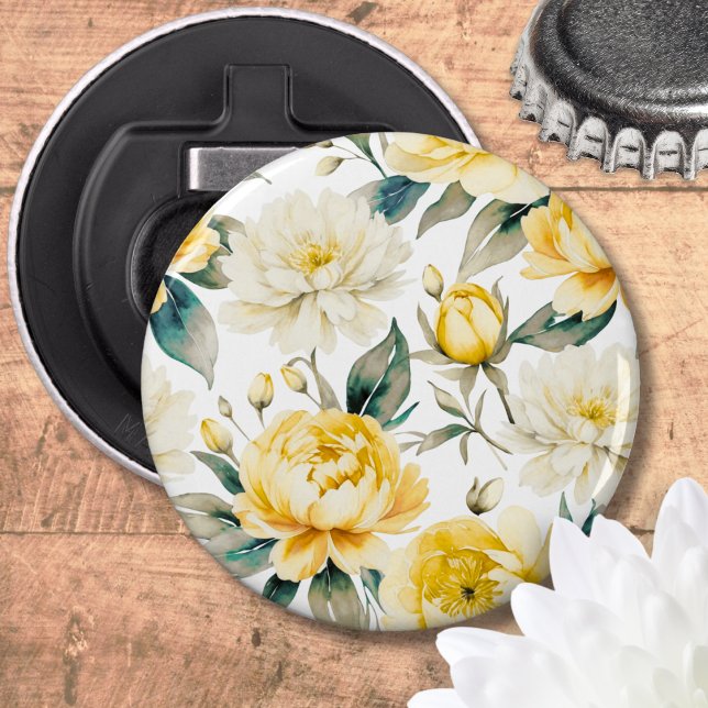 Elegant Pretty Yellow and White Floral Bottle Opener (A classic bottle opener with yellow and white chrysanthemum and peony floral design)