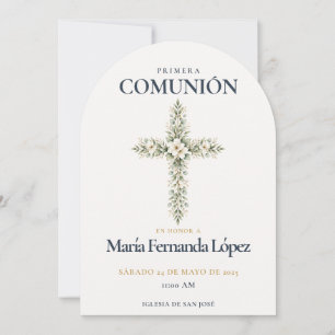 Elegant Primera Comunión Cruz Botánica Invitation