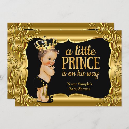 Elegant Prince Baby Shower Black Gold Brunette Invitation