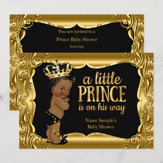 Elegant Prince Baby Shower Black Gold Ethnic Invitation (Front/Back)