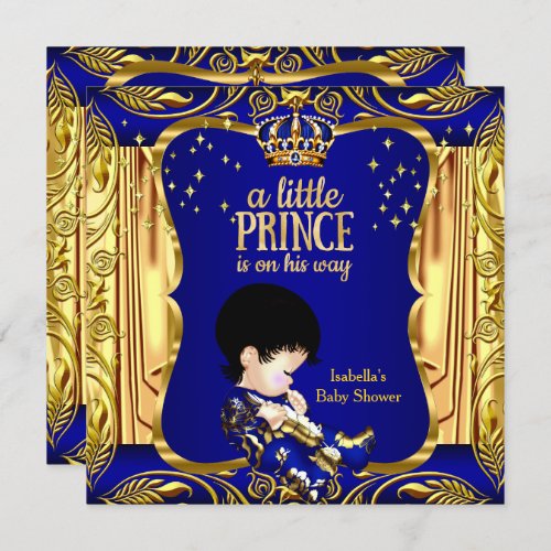 Elegant Prince Baby Shower Blue Gold Brunette Invitation