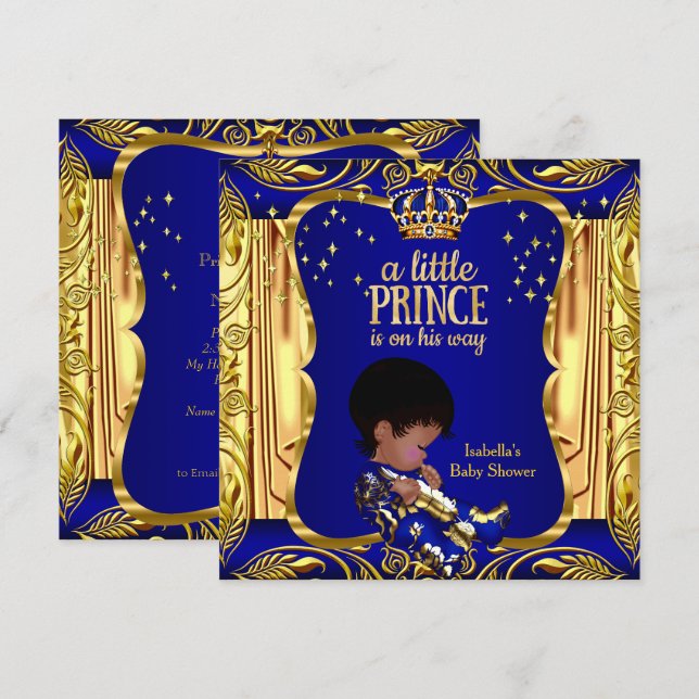 Elegant Prince Baby Shower Blue Gold Ethnic Invitation (Front/Back)