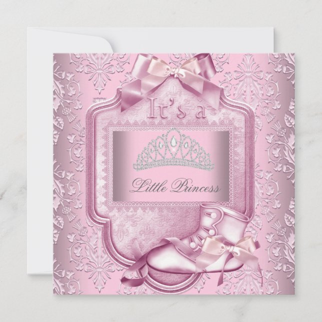 Elegant Princess Baby Shower Girl Pink Damask Shoe Invitation (Front)