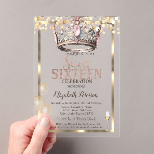 Elegant Princess Crown Balloons Frame Sweet 16  Acrylic Invitations