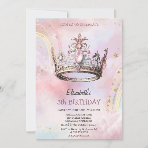 Elegant Princess Crown Castle Rainbow Birthday  Invitation