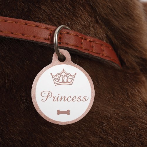 Elegant Princess Crown Rose Gold Dog Bone Pet ID Tag