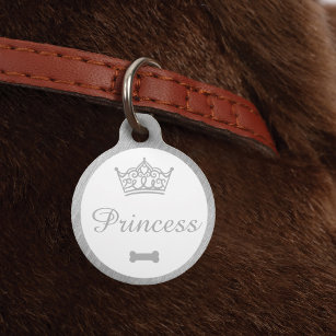 Elegant Princess Crown Silver Dog Bone Pet ID Tag