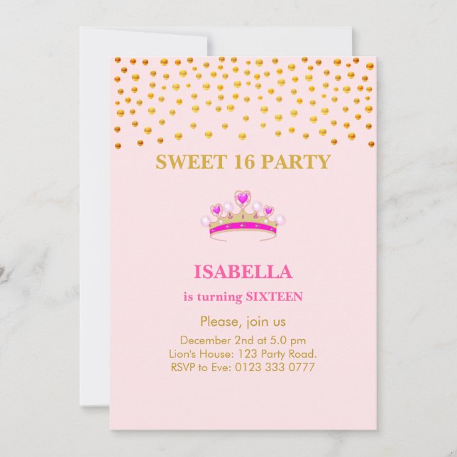 Elegant Princess Crown Sweet 16 on Pink Invitation (Front)