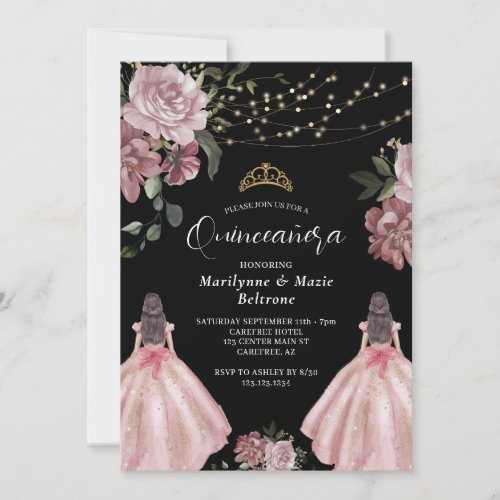 Elegant Princess Floral Twins Quinceaera Invitation