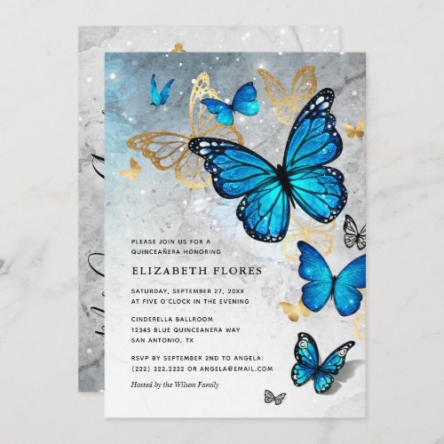 Elegant Princess Gold Blue Butterfly Quinceanera Invitation