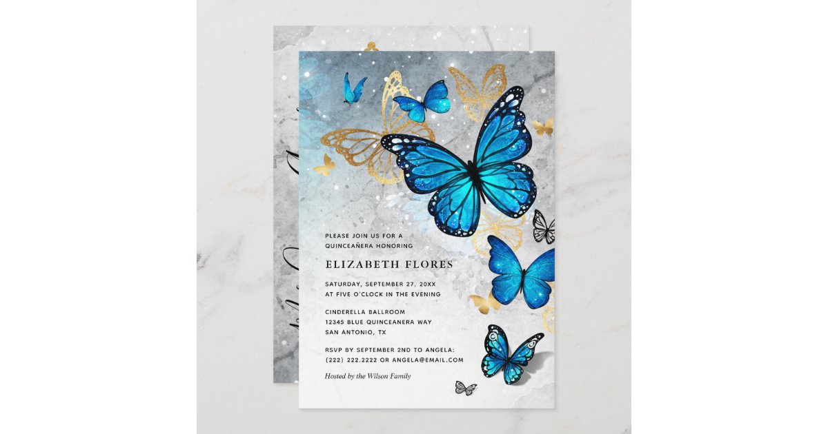 Elegant Princess Gold Blue Butterfly Quinceanera Invitation | Zazzle