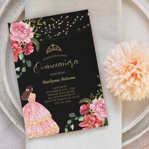 Elegant Princess Pink Floral Quinceaera Invitation