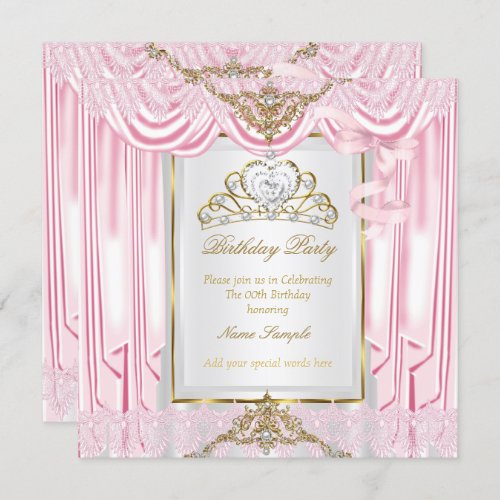 Elegant Princess Pink Gold White Birthday Party Invitation