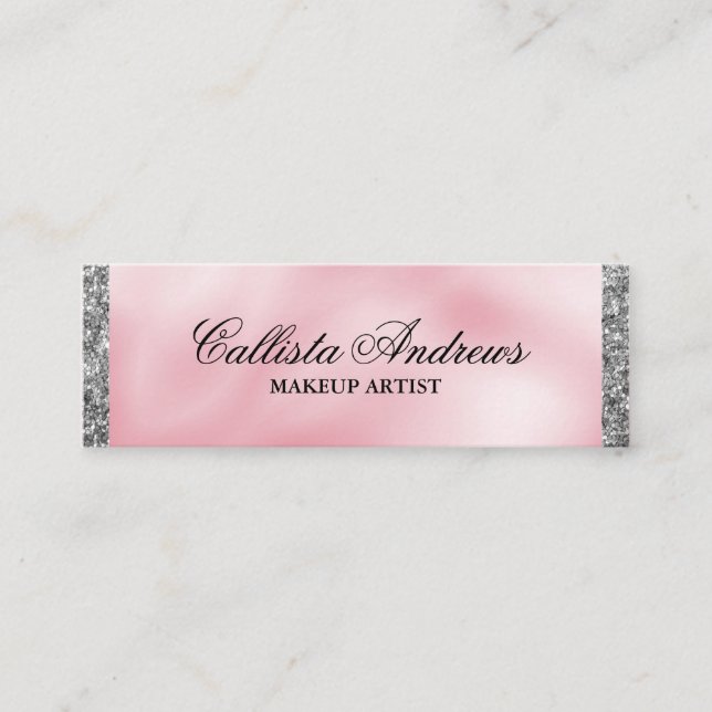 Elegant Princess Pink Silver Silk Glitter Border Mini Business Card (Front)