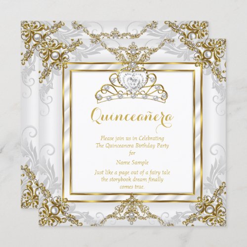 Elegant Princess Quinceanera Gold White Pearl Invitation