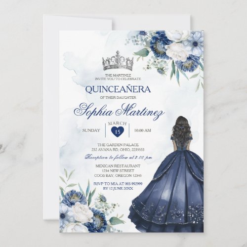 Elegant Princess Quiceanera Navy Floral Silver Invitation