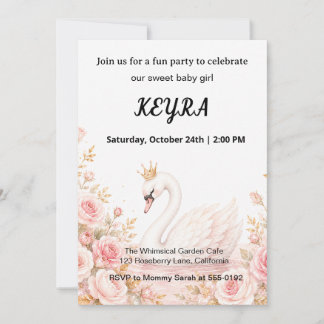 Elegant Princess Swan Pink Floral Birthday Invitation