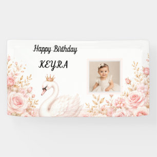 Elegant Princess Swan Pink Floral Birthday Photo Banner
