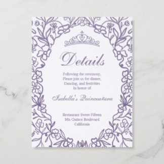 Elegant Princess Tiara Floral Quinceañera Details Letterpress Enclosure Card