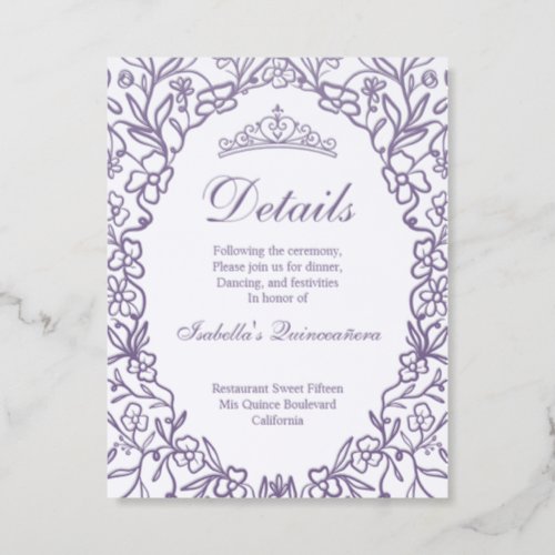 Elegant Princess Tiara Floral Quinceañera Details Letterpress Enclosure Card
