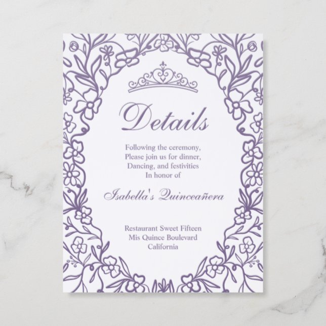 Elegant Princess Tiara Floral Quinceañera Details Letterpress Enclosure Card (Front)