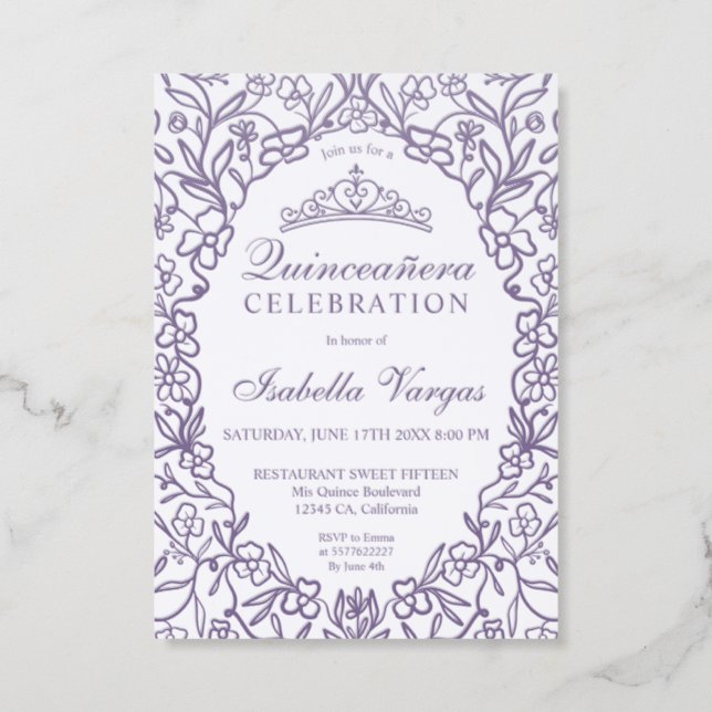 Elegant Princess Tiara Floral Quinceañera Letterpress Invitation (Front)