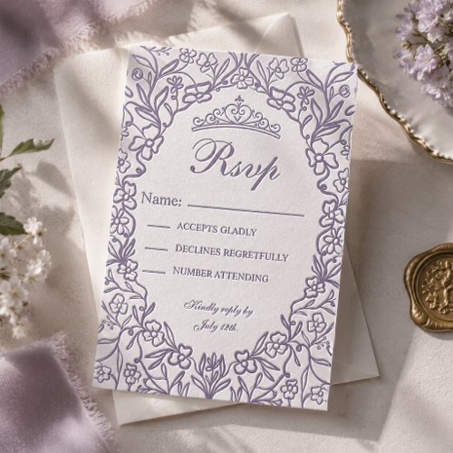 Elegant Princess Tiara Floral Quinceañera Letterpress RSVP Cards