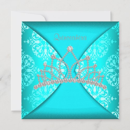 Elegant Princess Tiara Teal Blue Quinceanera Announcements