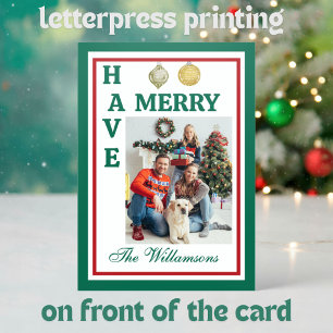 Elegant Print Family Photo Christmas Ornaments Letterpress Photo Cards