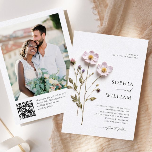 Elegant Print Pressed Pastel Boho Flowers Wedding Invitation (Creator Uploaded)