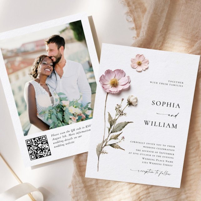 Elegant Print Pressed Pastel Boho Flowers Wedding Invitation (Creator Uploaded)
