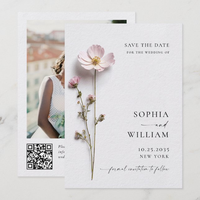 Elegant Print Pressed Pastel Boho Flowers Wedding Save The Date (Front/Back)