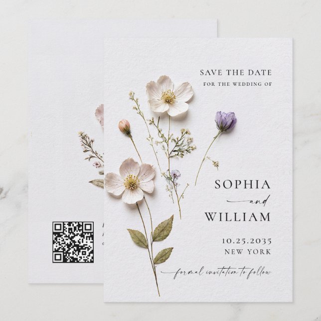 Elegant Print Pressed Pastel Boho Flowers Wedding Save The Date (Front/Back)